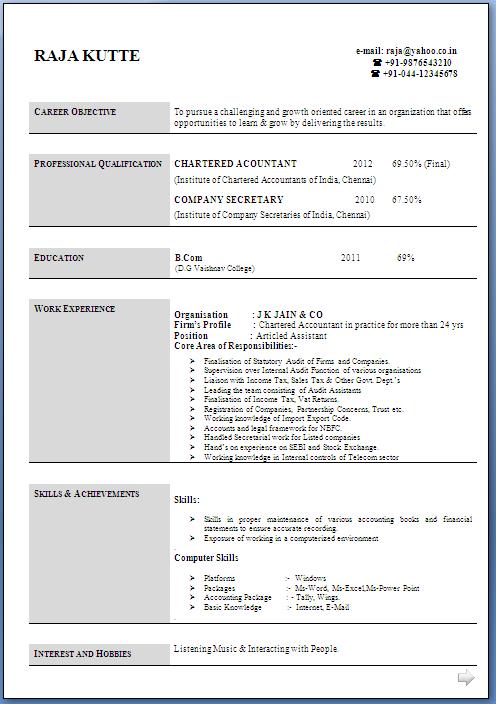 Accountant resume format in india